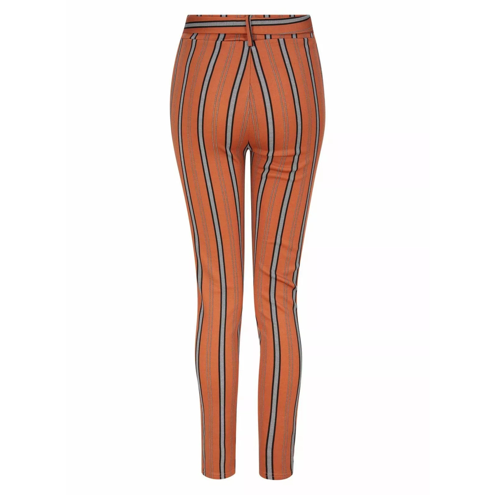 Women's high-waisted belted trousers in terracotta with vertical black, white, and grey stripes, featuring a tie-front waist and slim fit.